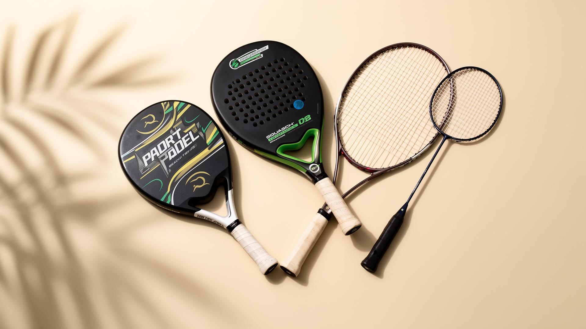 Composição premium de raquetes de beach tennis, padel, tênis, squash e badminton